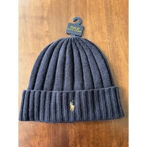 Polo Ralph Lauren Beanie Mens Navy Flesh Pony Wool Blend Rib Knit Cuff NEW